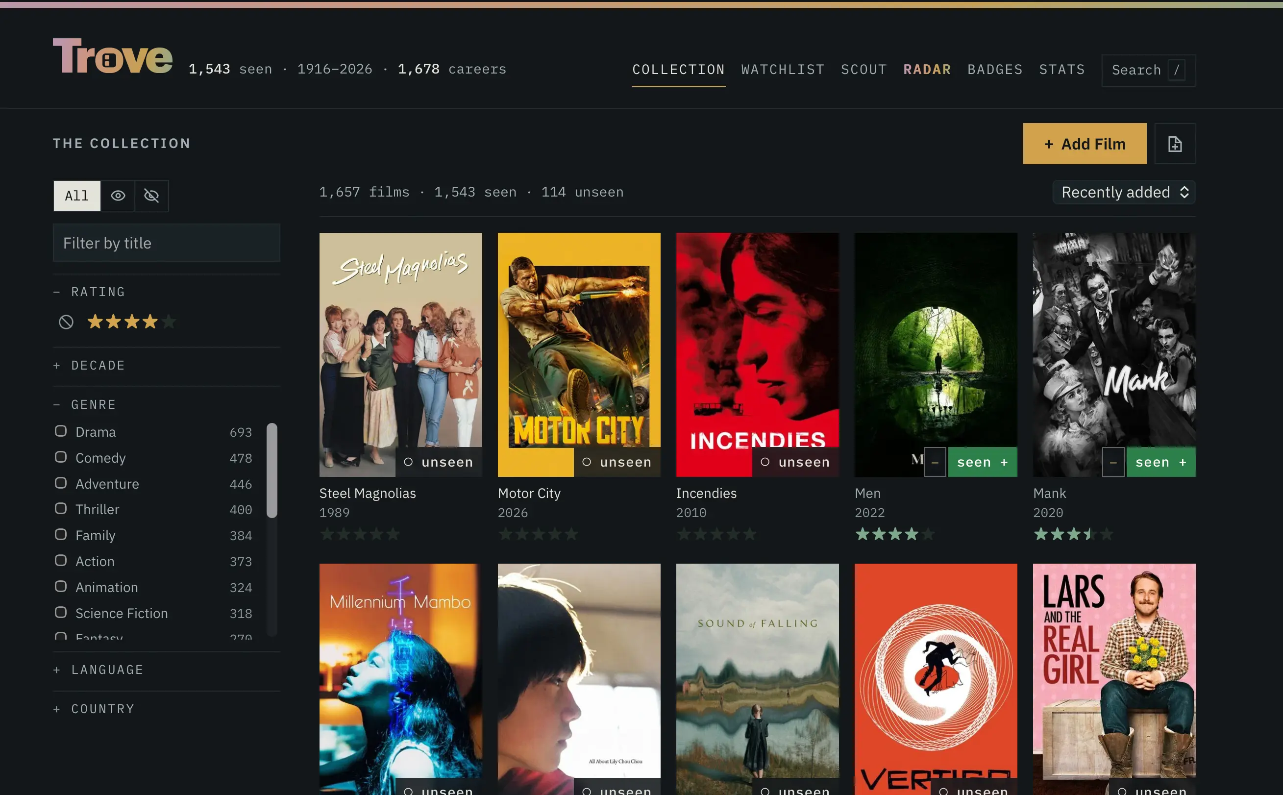 Trove film collection screen