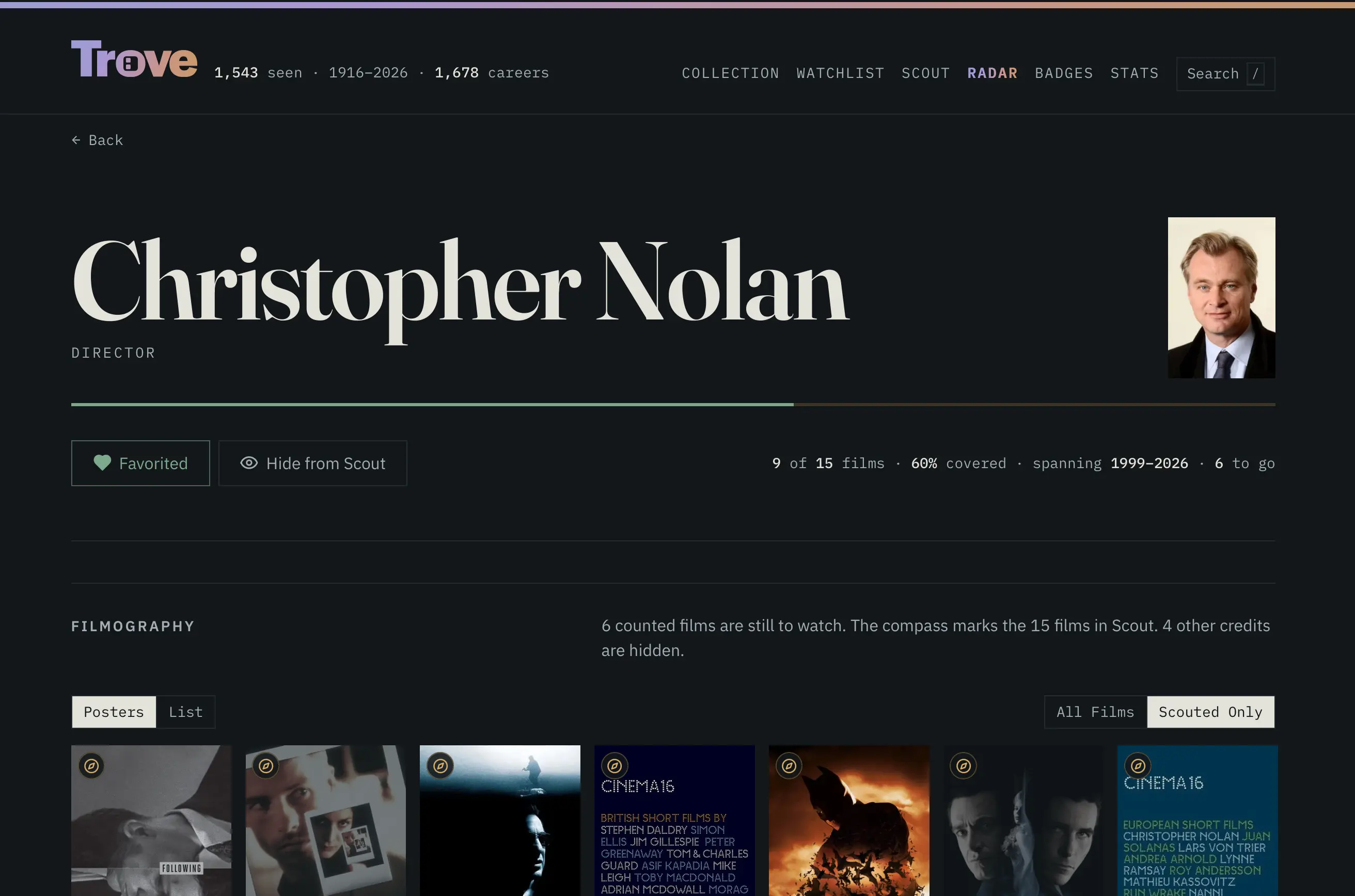 Gallery Image - Film app career page for a director with a completion bar and filmography
